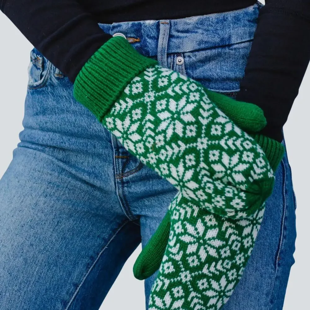 PANACHE Green & White Snowflake Knit Fleece Lined Mittens